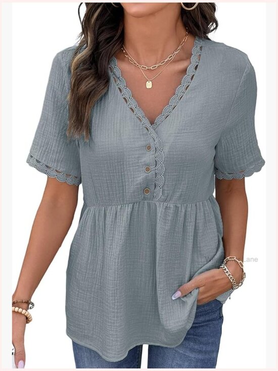 Tops - Lace Trim V Neck Short Sleeve Tunic Blouse Peplum Top